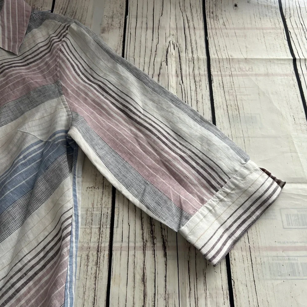 Chicos No Iron 100% Linen Chevron Stripe Button Down Shirt Tunic Blue Red Size 2